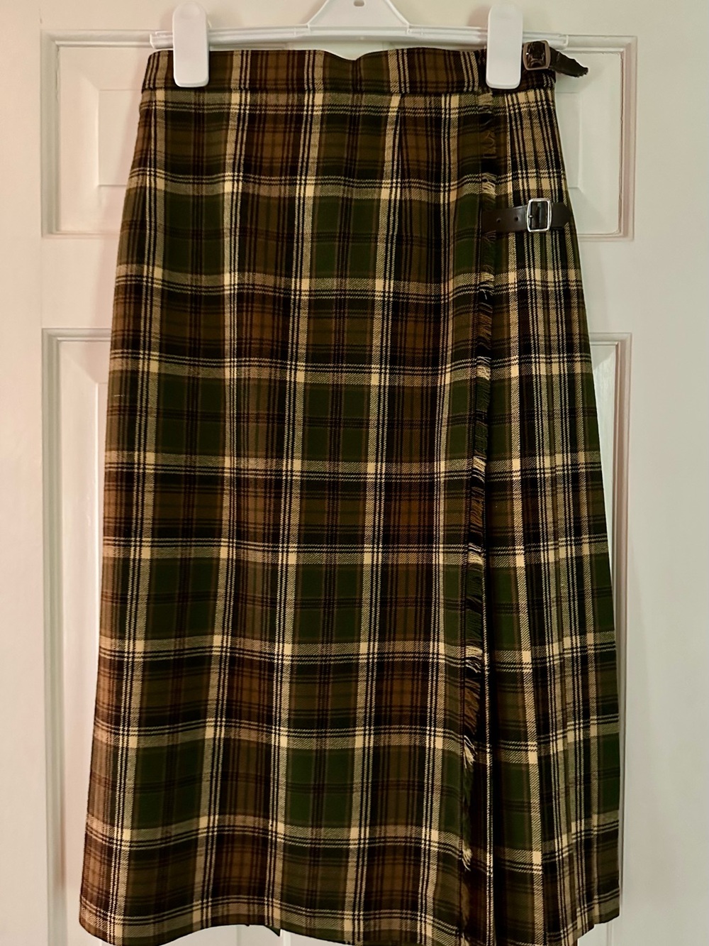 Scottish Plaid Wrap Midi Skirt in Olive and Brown